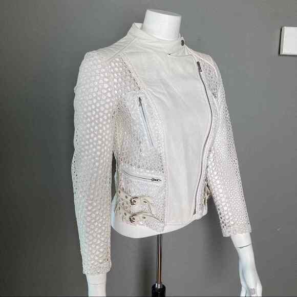Yigal Azrouel Moto Jacket Size 4 All Over Netting Crochet Lace Leather white - Picture 2 of 11